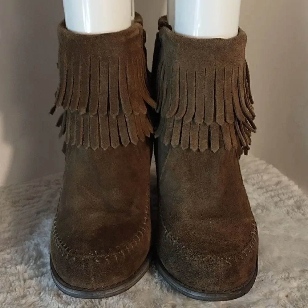Sbicca Brown Suede Fringe Block Heel Booties